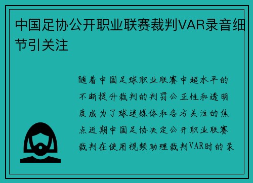 中国足协公开职业联赛裁判VAR录音细节引关注