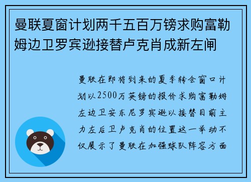 曼联夏窗计划两千五百万镑求购富勒姆边卫罗宾逊接替卢克肖成新左闸